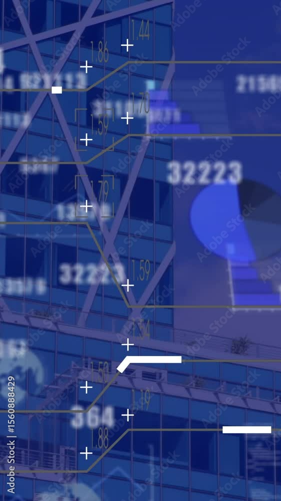 Poster animation of changing numbers and data processing against view of tall buildings