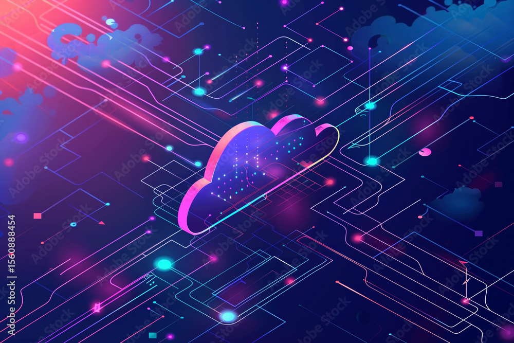 Poster abstract digital cloudscape with glowing networks and a central cloud symbol, representing connectiv