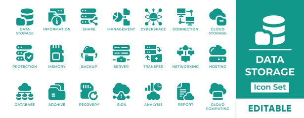 Data storage icon set with servers, databases, cloud backup, files, security, and digital infrastructure symbols for tech, IT, and network projects.