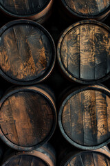 Stacked wooden barrels show their unique wood grain and dark stain, forming an aged and rustic texture, reflecting light and shadow.