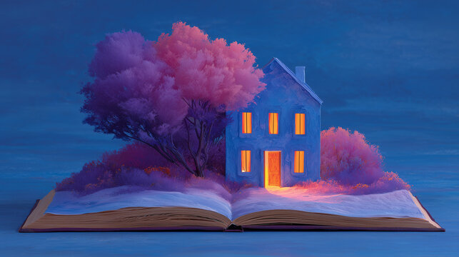 Whimsical house emerges from open book surrounded by colorful trees under twilight sky Generative AI - Powered by Adobe