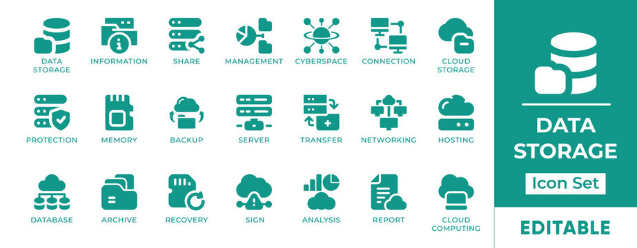 Data storage icon set with servers, databases, cloud backup, files, security, and digital infrastructure symbols for tech, IT, and network projects.
