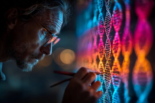 Forensic DNA sequencing progress glowing nucleotides flowing through sequencer scientist analyzing genetic code high tech medical style