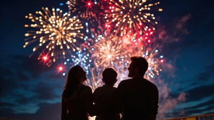 Silhouette of a family, including a child and two adults, from behind, watching a spectacular display of colorful fireworks in the night sky. Concept of shared joy and celebration