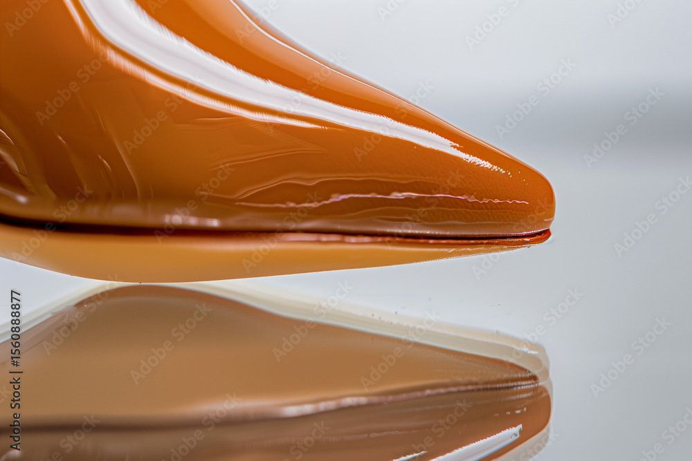 Poster close-up of a glossy caramel-colored shoe with a sharp point. the shoe reflects on a sleek surface, 