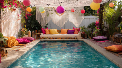 Vibrant outdoor pool area adorned with colorful lanterns and cushions for a festive gathering in a lush garden setting Generative AI