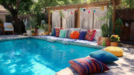 Colorful outdoor lounge area by a refreshing swimming pool surrounded by greenery and vibrant cushions creates an inviting summer retreat for relaxation Generative AI