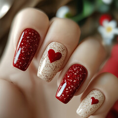 Romantic Red Glitter Nails with Heart Accent - Elegant Valentine’s Manicure. A perfect romantic nail design for Valentine’s Day, date nights, or anyone who loves sophisticated yet charming nail art.