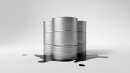 Three silver metal oil barrels stand on spilled puddle of crude oil on white background. Black oil pond. Industry concept. 3d render illustration