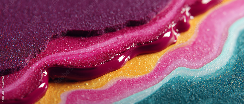 Poster vibrant layers of glossy paint arranged in colorful waves create an artistic display on a flat surfa