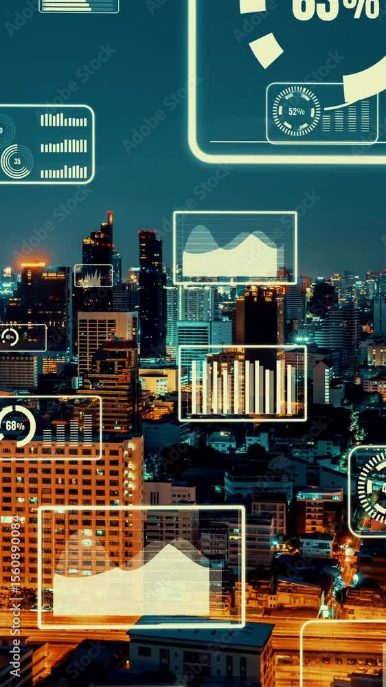 Poster business data analytic interface fly over smart city showing alteration future of business intellige