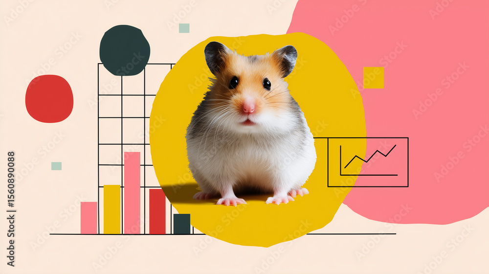Poster crazy collage cute hamster with a statistical graphic background, showcasing a blend of nature and d
