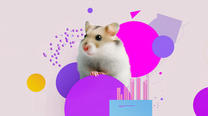 crazy collage Cute hamster posing against colorful abstract background with geometric shapes in bright hues showcasing a playful environment Generative AI