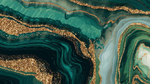 Marble texture with gold glitter. Abstract art of malachite with liquid ink. Agate pattern for wallpaper, banner, or background video.