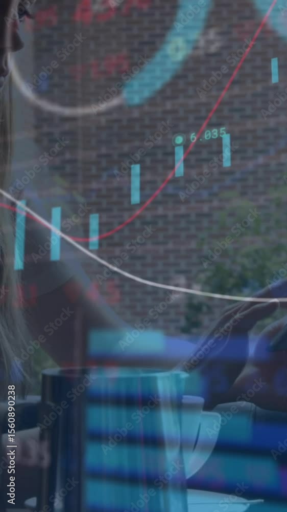 Poster animation of statistical and stock market data processing over caucasian woman using tablet at cafe
