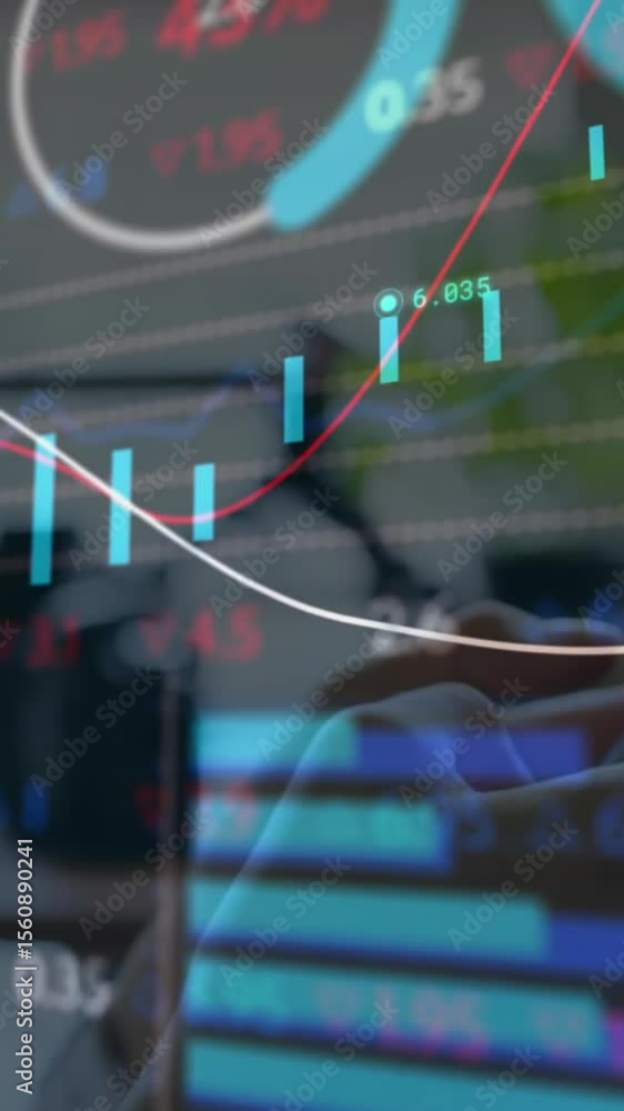Aufkleber animation of statistical and stock market data processing over woman using smartphone
