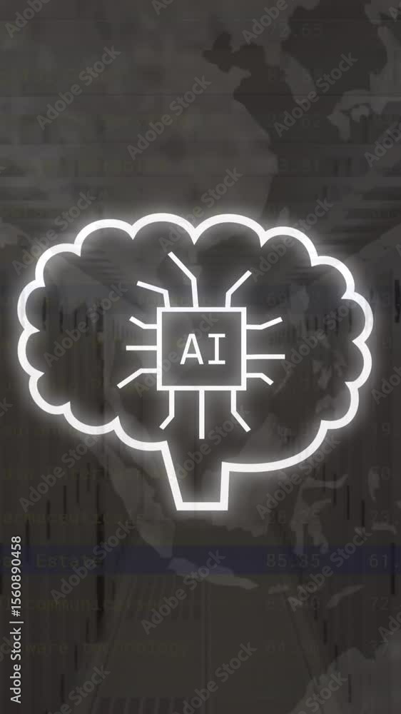 Poster animation of ai icons and data processing over computer servers