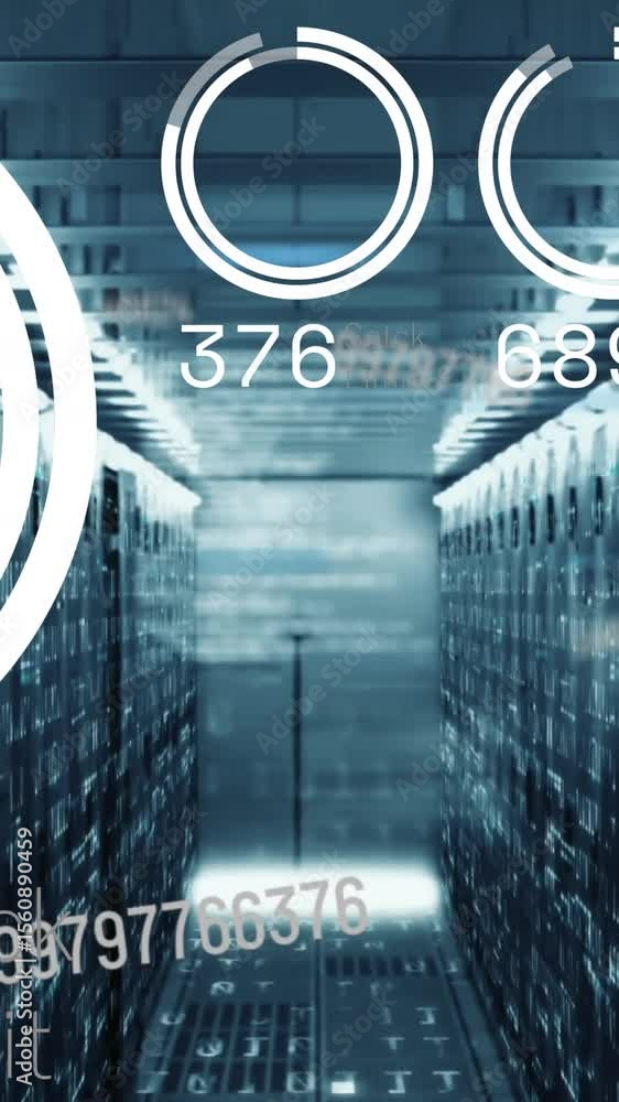 Poster animation of loading circles with numbers and codes over network server room