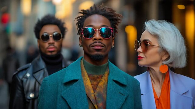 Stylish multicultural group walking confidently on urban street, bold fashion with sunglasses, woman turning head, golden sunset lighting, blurred background, center copy space, video for diversity