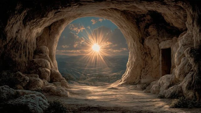 Rays of sunrise shining into stone cave opening with wide scenic valley view, cinematic warm tones, spiritual atmosphere, center copy space, Easter morning video loop for religious, inspirational 