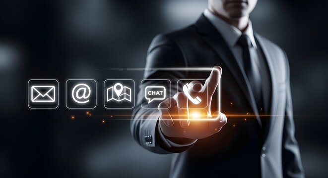 Businessman using digital interface showing contact options.  Modern technology and communication.