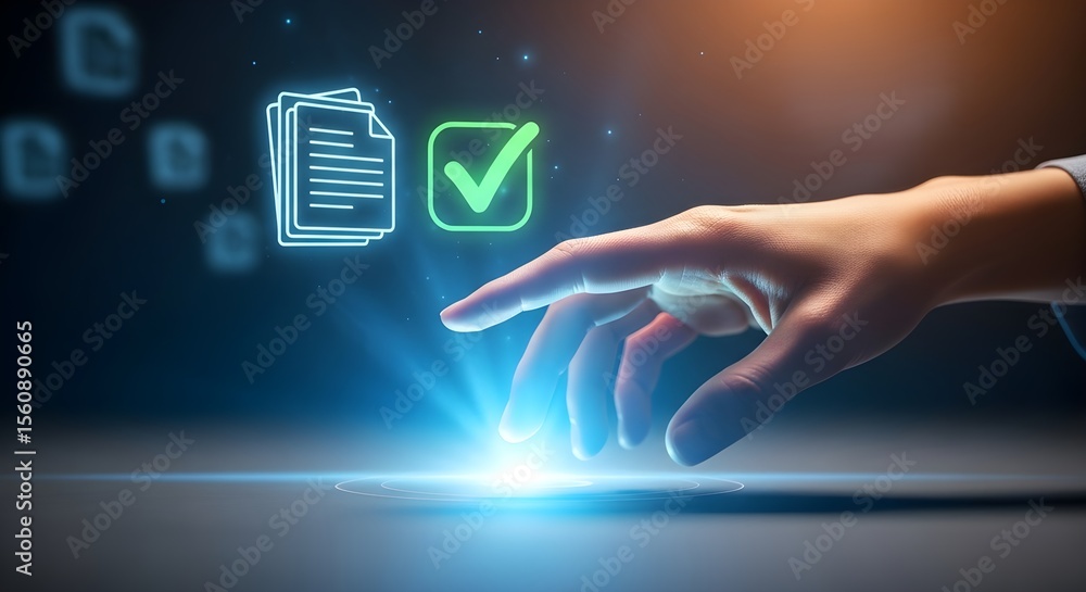 Aufkleber hand interacts with digital document approval interface.