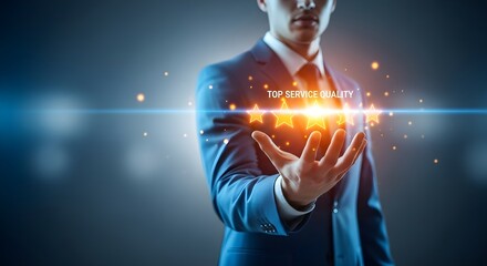 Businessman showcasing top service quality with glowing stars.