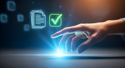 Hand interacts with digital document approval interface.