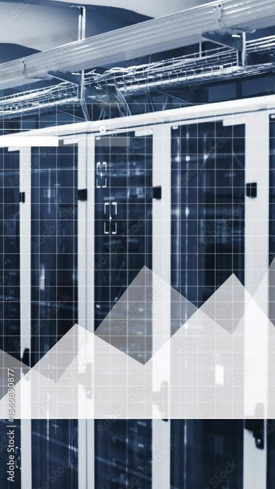 Poster animation of graphs and loading bar over data server racks in server room