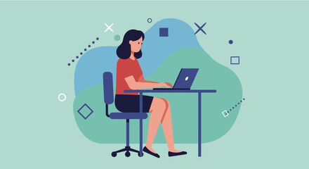 A young woman in flat design style is diligently working on her laptop at a desk, surrounded by abstract geometric shapes, perfect for modern digital content.