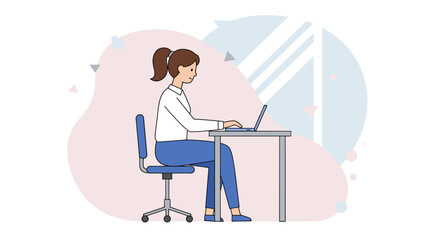 A modern flat design illustration depicts a focused young woman sitting at a desk, diligently working on her laptop, ideal for digital marketing and web design projects.