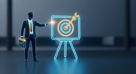 Businessman points to a digital target on a neon presentation board. Achieving goals, success concept.