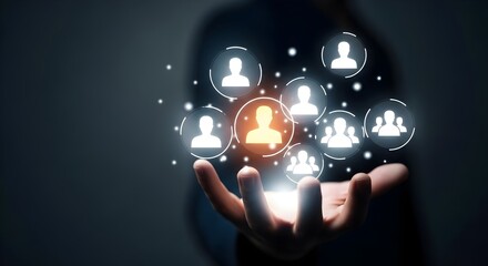 Person holding glowing network icons.  Digital connection concept.