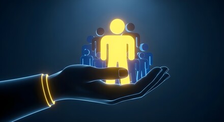 A glowing human figure representing leadership, supported by a team, rests gently in an open palm.