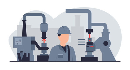 A male factory worker in a hard hat stands amidst industrial machinery and equipment, illustrating modern manufacturing processes in a flat design style.