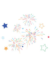stylized illustrations of fireworks, each with a unique color scheme and design, on a white cutout background.

