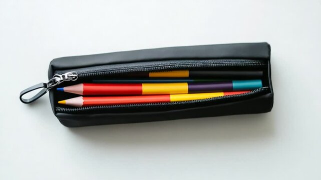 Black Zippered Pencil Case with Multicolored Pens on Clean White Surface 4k vidoe