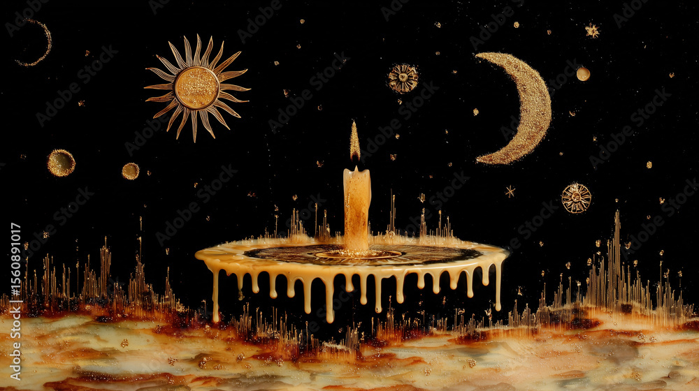 Poster celestial candle with cosmic elements creating a serene atmosphere during nighttime generative ai