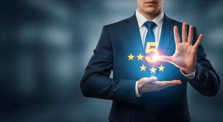 Businessman holding a five-star rating.  Success and excellence.