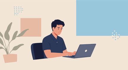 Young man working on laptop, flat design illustration perfect for landing page, banner, marketing, web design, presentation or infographic.