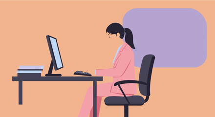 a woman in a pink suit sitting at a desk, working on a computer with a stack of papers in front of her. Suitable for landing page, banner, marketing, web design, presentation, infographic, etc.
