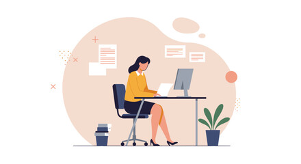 A modern flat design illustration depicts a woman diligently working at her computer, creating digital content for web development or online marketing projects.
