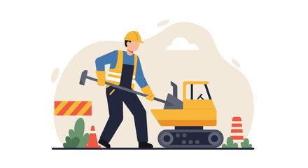 A construction worker stands with a shovel near a mini excavator in a flat design illustration suitable for a website banner or marketing materials.