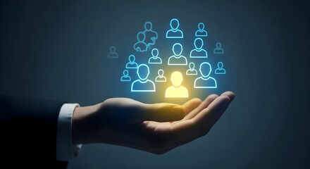 A hand gently cradles a network of glowing figures, symbolizing connection and support.