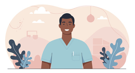 a smiling man wearing a blue medical uniform, standing in front of a backdrop with plants and a cloudy sky. Suitable for landing page, banner, marketing, web design, presentation, infographic, etc.