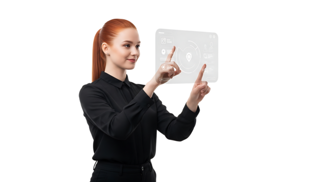 A woman interacts with a virtual interface. 
