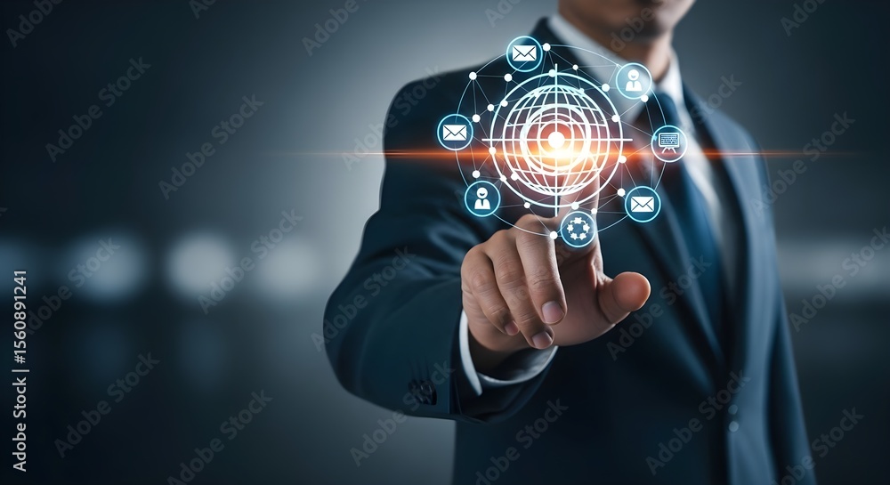 Poster businessman interacts with a digital interface, showcasing global networking and communication.