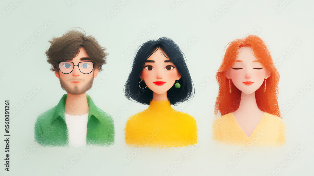 Aufkleber three diverse characters with varying hairstyles and expressions, exploring individuality through un