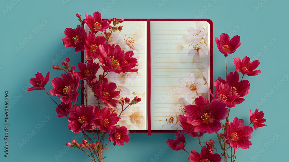 Poster colorful blossoms surround an open notebook adorned with soft floral patterns, inviting creativity a