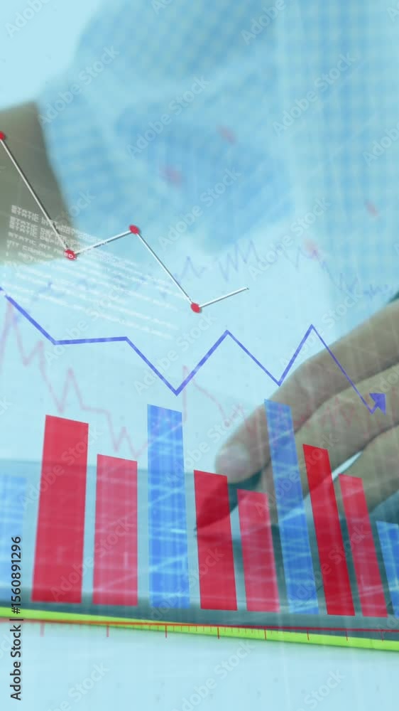 Aufkleber animation of graphs moving over caucasian businessman drawing on graphics tablet and using computer